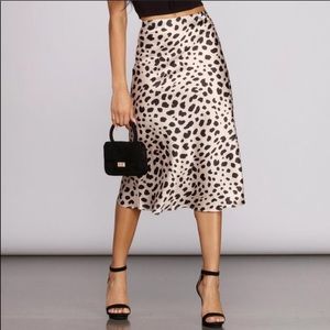 Satin Flare Leopard Midi Skirt